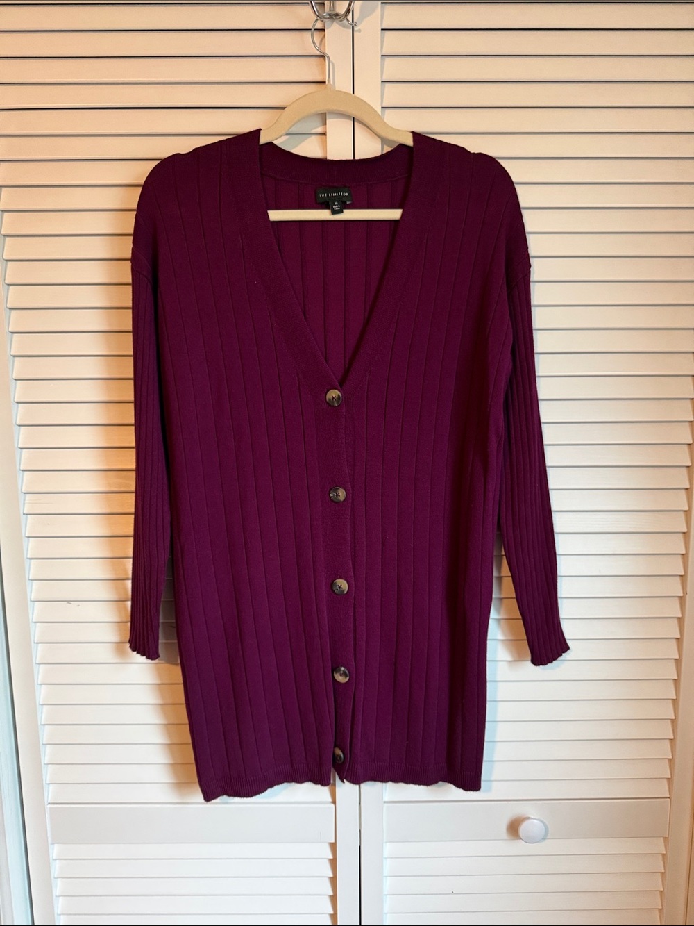 The Limited - Ribbed Button-Front Side Slit Cardigan - Plum - Size M